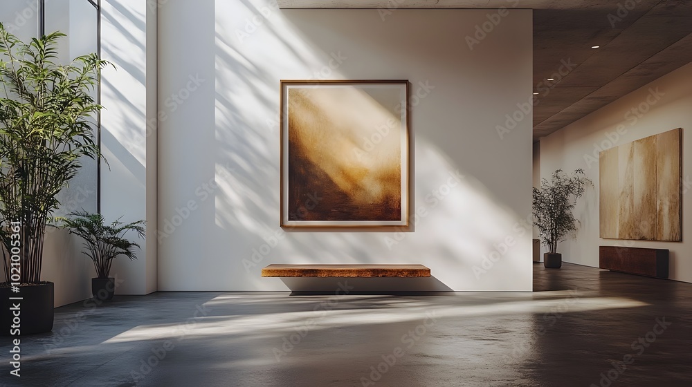 Poster Elegant Floating Frame Mockup Displayed in a Minimalist Art Gallery Setting with Crisp White Walls and Dramatic Lighting to Showcase Your Artwork or Design