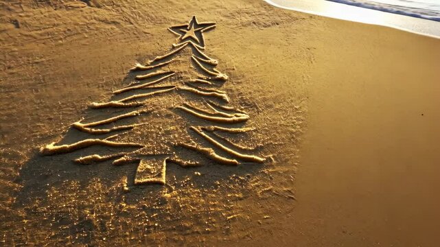 Golden sparkling sand art of christmas tree with star ornament celebrating joyous new year season concept