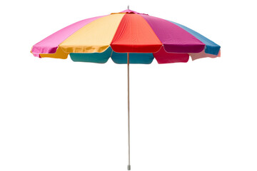 Vibrant beach umbrella with multicolored stripes, perfect for summer relaxation and outdoor activities.