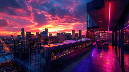 Fototapeta premium Urban Rooftop Bar, vibrant colors, city skyline, dynamic scenes, photography
