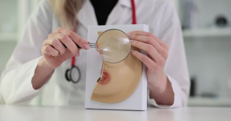 Doctor examines breast model using magnifying glass