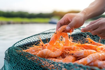 A fisherman's hand reaches into a net full of fresh, pink shrimp,  caught from the sea.