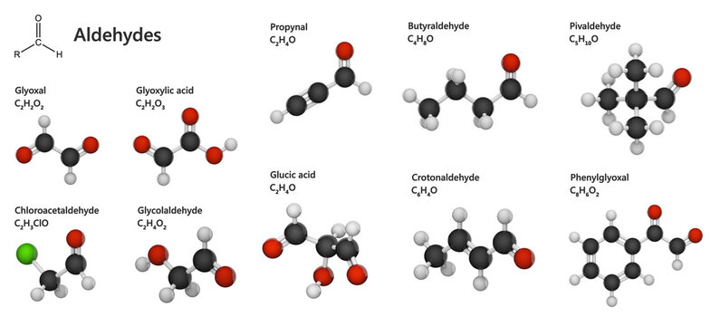 Aldehydes are organic compounds with by the functional group -CHO. Glyoxal, glyoxylic acid, propynal, butyraldehyde, pivaldehyde, chloroacetaldehyde, glycolaldehyde. White back. 3d illustration