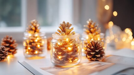 Crafting delightful DIY New Year decorations in a bright kitchen with fairy lights and glittered pine cones