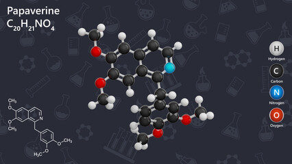 Molecule of Papaverine (C20H21NO4), is an alkaloid derived from opium. It has a role as a vasodilator agent and an antispasmodic drug. Chemical model: Ball and Stick. Dark back. 3d illustration