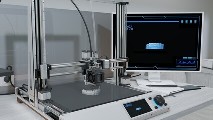 The illustrated a 3D printer at work, creating a jaw with teeth. The precision and innovation of modern 3D printing technology of dentistry. 3d illustration