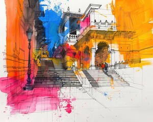 Fototapeta premium Urban Sketching, vibrant colors, dynamic scenes, street setting, photography