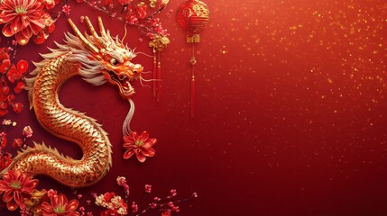 Fototapeta premium Joyful celebration of the Chinese New Year featuring the dragon zodiac symbol, adorned with floral lanterns, set against a vibrant red and gold backdrop, inviting prosperity and happiness.