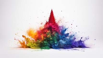 Colorful Christmas tree with exploding clouds of vibrant powder. Abstract festive explosion, blending traditional holiday themes with modern creative expression.