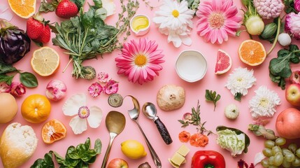 A playful collage featuring flowers alongside kitchen utensils and fresh produce, celebrating the beauty of cooking and nature
