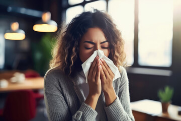 Healthcare Concept: Young Woman with Cold Blowing Nose