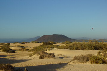 landscape, of sand beach on sunny and volcanic island