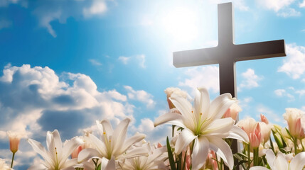 Eternal Hope: Wooden Cross and White Lilies Under Blue Sky
