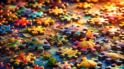 Fototapeta premium A close-up view of intricately designed puzzle pieces, showcasing vibrant hues and intricate details, forming a colorful mosaic of interlocked shapes.