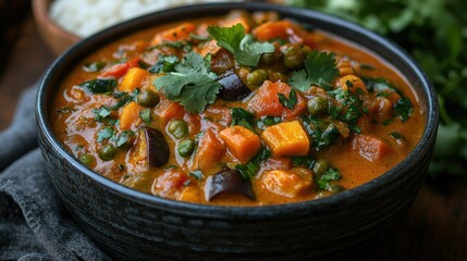 A bowl of creamy coconut curry filled with vegetables like eggplant, sweet potatoes, and green beans, served with jasmine rice and cilantro garnish