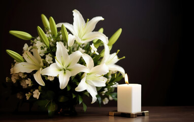 Solemn Tribute: Beautiful White Lilies Bouquet and Burning Candle on Dark Background