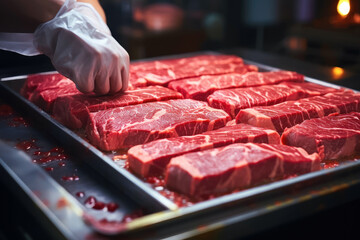 Culinary Artistry: Human Hands Arrange Appetizing Meat Pieces for Cooking