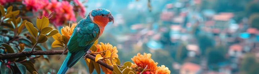 Obraz premium Urban Wildlife Watching, vibrant colors, lush greenery, city backdrop, photography