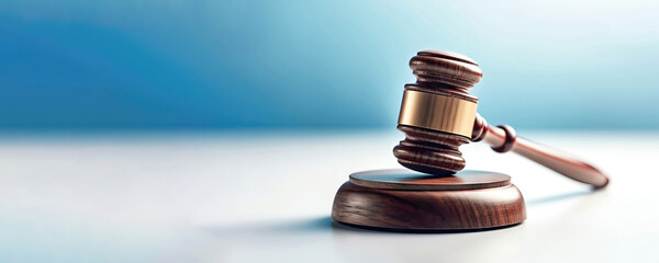 Legal Symbolism: Wooden Judge's Gavel on Blurred Light Background