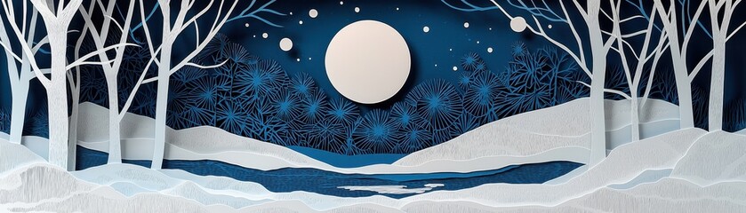 Fototapeta premium A serene winter landscape featuring a full moon, snowy trees, and a starlit sky, evoking tranquility and beauty