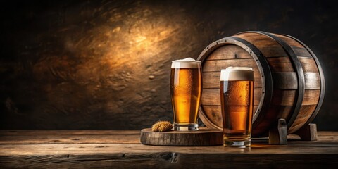Two Glasses of Frothy Beer Resting Beside a Rustic Wooden Barrel on a Weathered Table