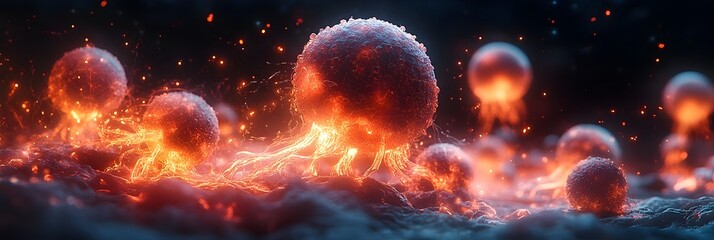 Obraz premium Explosive cosmic cataclysm in a surreal galaxy with fiery fireballs,glowing particles,and celestial bodies swirling in a dramatic,dark night sky. This dynamic.