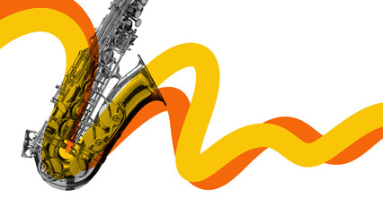 Poster. Contemporary art collage. Saxophone with bold orange and yellow waves surrounding it, creating vivid energy, as vibrancy and movement of jazz music. Concept of musical events, rhythm. Ad