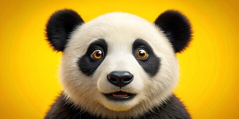 Naklejka premium A Curious Panda with Wide Eyes and a Slightly Open Mouth Gazes Directly at the Viewer Against a Vibrant Yellow Background