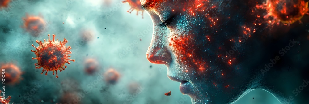 Poster Fiery Coronavirus Cells Threatening Conceptual Apocalyptic with Dark Moody Dramatic Digital Rendering and Composite Manipulation