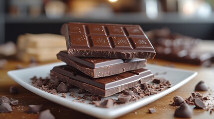 Chocolate bars stacked on white plate surrounded by chocolate chips