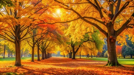 Naklejka premium Golden Sunlight Dappling Through Autumn Trees, Casting Long Shadows on a Carpet of Fallen Leaves