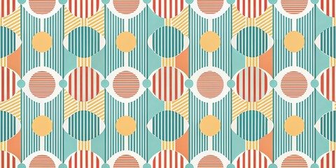 A Seamless Pattern of Interlocking Circular Shapes with Diagonal and Vertical Stripes in Red, Orange, Yellow, and Teal