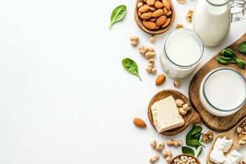 A minimalist, top-down view of an array of alternative dairy products such as almond milk, soy yogurt, and cashew cheese on a white background with blank space for text.