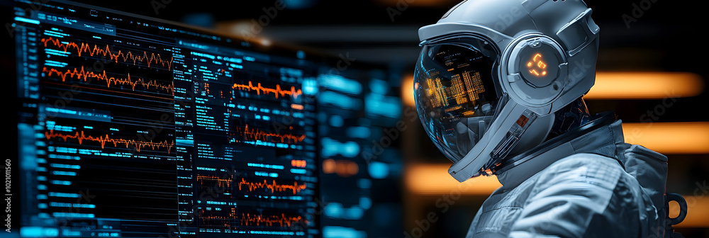 Poster Futuristic astronaut wearing a protective suit analyzing complex data visualizations and graphs displayed on a large digital screen interface. Concept of advanced intelligence,and space