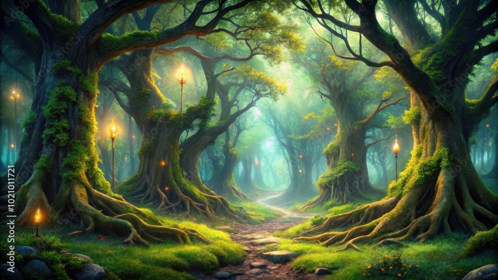 Poster a mystical path through an enchanted forest, illuminated by glowing lanterns