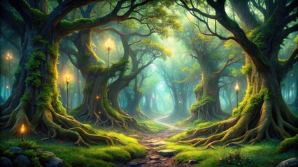 Fototapeta premium A Mystical Path Through an Enchanted Forest, Illuminated by Glowing Lanterns