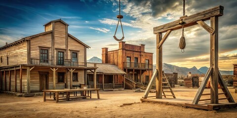 A weathered wooden gallows stands in the center of a dusty town square, with buildings lining the edges and a dramatic sky overhead.
