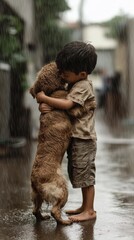 A boy hugging a dog in the rain