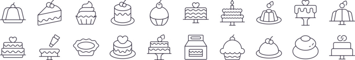 Cakes and Pastries Outline Icon Collection. Editable Stroke. Perfect for Infographics, Articles, Books, Flyers, Banners