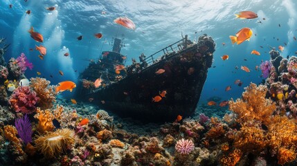 Vibrant Underwater Scene with Shipwreck and Fish