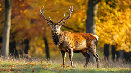 Fototapeta premium Red Deer Stag in Autumn: A majestic red deer stag in the vibrant colors of autumn fall.