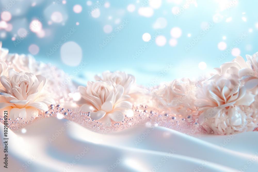 Sticker Soft white flowers elegantly lie on a smooth surface, bathed in soft light that creates a dreamlike atmosphere. A tranquil backdrop enhances their delicate beauty