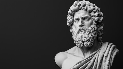 A detailed bust of a bearded man, sculptured in classical style, is exhibited against a contrasting dark background, exuding timeless wisdom and stoic demeanor.
