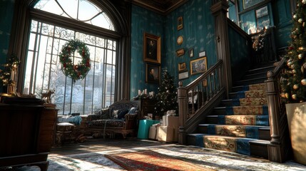 A living room filled with furniture and a christmas tree