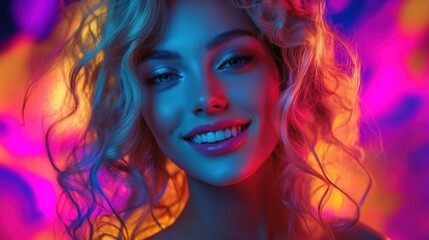 Joyful caucasian blonde woman is surrounded by vibrant marble texture colorful background and some.bokeh lights, her smile full of energy. The playful scene fits themes of celebration and fun.