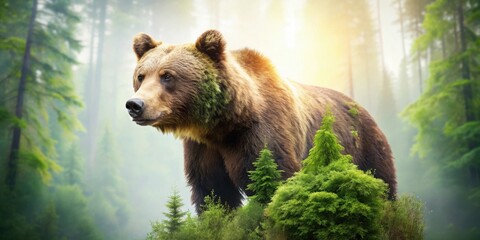 Fototapeta premium A majestic brown bear stands amidst a lush forest, its fur blending seamlessly with the foliage, bathed in the warm glow of the morning sun.