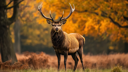 Red Deer Stag in Autumn: A majestic red deer stag in the vibrant colors of autumn fall.