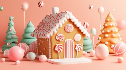 Gingerbread house and candy decorations flat design side view cozy home theme 3D render Split