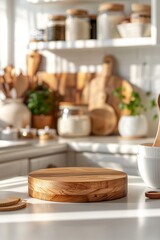 Kitchen podium background for food product. Wooden cutting board against a bright, modern kitchen backdrop. Table pedestal display, wooden platform.