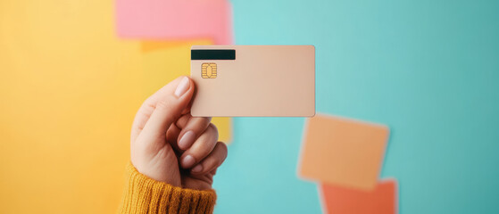 person is holding credit card against colorful background, showcasing sense of financial empowerment and modern lifestyle. vibrant colors enhance visual appeal